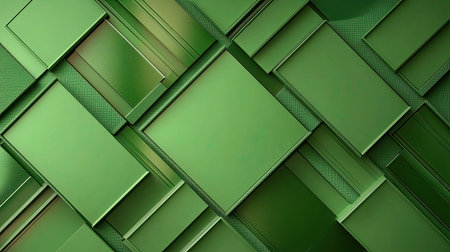 This vibrant green abstract background features layered geometric shapes and textures, creating a modern and dynamic visual appeal for design projects.の素材