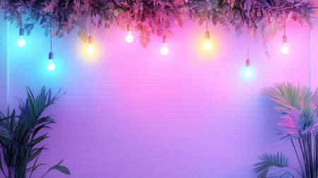 A vibrant scene featuring colorful hanging lights above lush greenery against a bright wall. Perfect for creating an inviting atmosphere in various settings.の素材