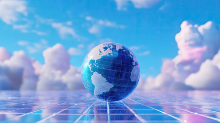 A stunning 3D render showcasing a globe on a digital grid, surrounded by a bright blue sky and fluffy clouds, capturing the essence of our planet and technology.の素材