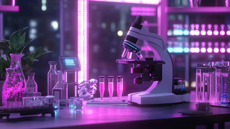Explore a vibrant laboratory scene featuring a modern microscope amidst colorful glassware, illuminated by neon lights, perfect for science and research themes.の素材