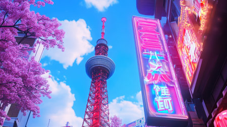 Experience the beauty of Tokyo with cherry blossoms surrounding a stunning tower under a bright blue sky, capturing the essence of urban springtime charm.の素材