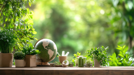 A serene workspace featuring a globe and various green plants, surrounded by vibrant foliage. This setting promotes wellness, harmony, and a connection to nature.の素材