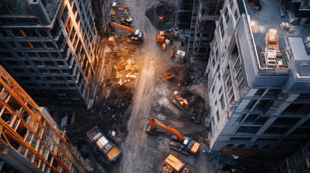 An aerial view of an active construction site showcasing heavy machinery, tools, and urban development activity. The image captures the progress of modern construction efforts.の素材