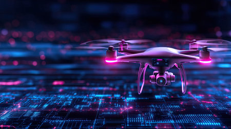 A modern drone hovers above a vibrant digital network with neon lights, showcasing technology's innovative impact on transportation and communication.の素材