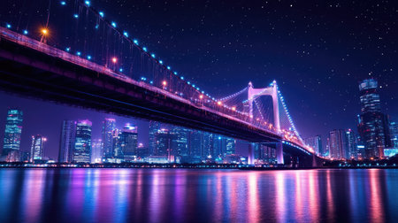 A captivating nighttime cityscape showcasing a beautifully illuminated bridge reflecting in the water, surrounded by a vibrant skyline and starry sky.の素材