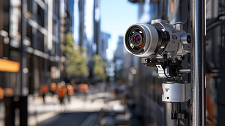 A contemporary camera mounted on an urban street showcases advanced technology. The blurred cityscape in the background enhances the focus on the device, illustrating urban life.の素材