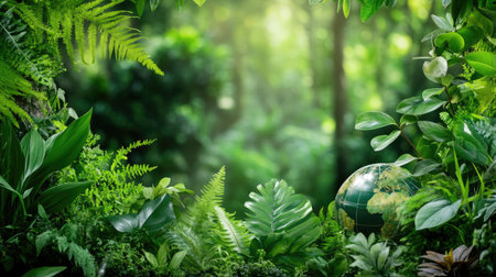 A serene forest landscape featuring a globe amidst lush greenery, symbolizing harmony between nature and the planet. The vibrant foliage captures a sense of tranquility and biodiversity.の素材