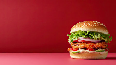A crispy fried chicken burger sits on a pink surface against a vibrant red background, showcasing fresh vegetables and a perfect sesame bun, ideal for food lovers.の素材