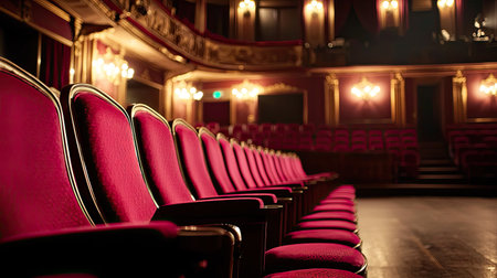 A captivating view of elegant velvet seats in a classic theater, bathed in warm lighting, showcasing rich architectural details, perfect for drama.の素材