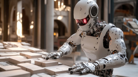 A captivating image of a sophisticated robot actively working in a modern warehouse filled with packages, highlighting the integration of technology in logistics and automation.の素材