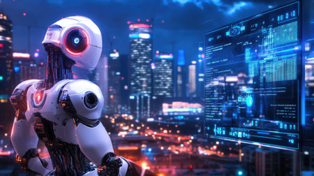 A sleek robot standing in a vibrant urban landscape at night, analyzing complex data on high-tech displays, surrounded by a luminous city skyline.の素材