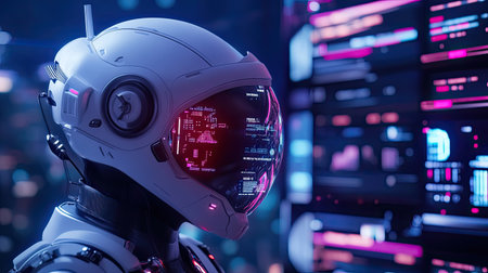 A futuristic robot is depicted in a high-tech environment, featuring a sleek helmet displaying vibrant digital data. The scene encapsulates innovation and advanced technology.の素材