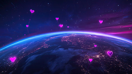 A stunning cosmic scene depicting a view of Earth at night, adorned with glowing pink hearts that symbolize love and connection across the universe.の素材