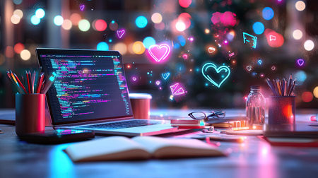 A vibrant workspace featuring a laptop with colorful code, surrounded by festive decor and creative elements, perfect for showcasing innovation and holiday spirit.の素材
