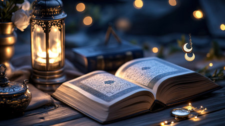 This serene image features an open book beside a lantern, creating a cozy atmosphere. The gentle light highlights decorative elements, perfect for illustrating themes of spirituality and literature.の素材