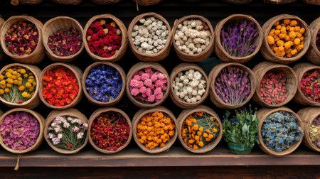 A vibrant array of dried flowers showcased in round baskets against a wooden wall, perfect for adding natural beauty and color to home decor or artistic projects.の素材