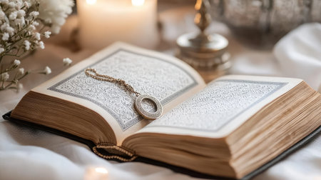 A beautifully styled image of an open antique book with a pendant resting on its pages, creating a cozy and inviting atmosphere perfect for reading and relaxation.の素材