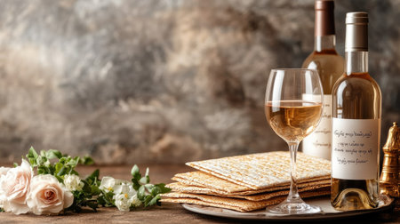 A refined setting featuring a glass of white wine, savory crackers, and lovely fresh flowers. Perfect for gatherings and special occasions.の素材