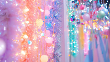 Bright and colorful holiday decorations featuring lights, ornaments, and shimmering elements create a joyful and festive atmosphere perfect for celebrations.の素材