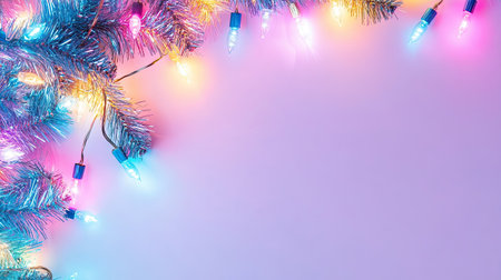A vibrant display of colorful lights adorning a Christmas tree branch, set against a soft pastel background. Perfect for holiday-themed projects and festive celebrations.の素材