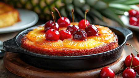 A mouthwatering pineapple upside down cake showcases luscious pineapples and cherries, beautifully presented in a cast iron skillet. Perfect for celebrations!の素材