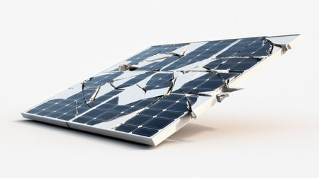 A damaged solar panel showing visible cracks, highlighting challenges in solar energy technology. This image represents the need for maintenance and innovation in renewable energy systems.の素材