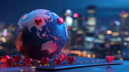 An artistic representation of a globe adorned with hearts placed on a laptop, symbolizing love and connection in a vibrant cityscape at night.の素材