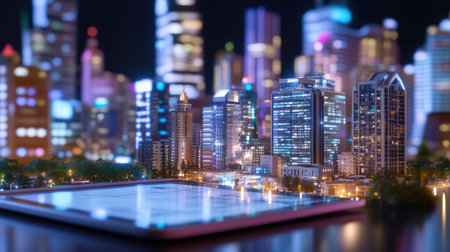 A captivating view of a cityscape featuring an ice rink surrounded by vibrant lights and modern buildings, reflecting the energy of urban life at night.の素材