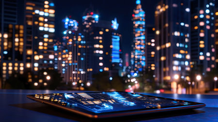 A vibrant nighttime cityscape featuring a laptop with glimmering lights against a modern urban skyline. Ideal for themes of technology and business.の素材
