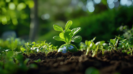 A vibrant green seedling rises from the rich soil, symbolizing new life and growth. Surrounded by smaller plants, this scene captures the essence of nature's beauty and resilience.の素材