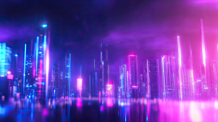 A vibrant and futuristic city skyline illuminated by neon lights reflects in calm waters. The abstract and colorful scene evokes a sense of modernity and creativity.の素材