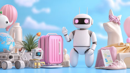 A charming robot waves hello in a vibrant playroom, surrounded by toys and travel gear. The whimsical setting inspires creativity and fun for kids and tech lovers.の素材