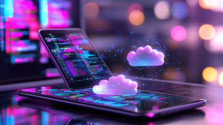 Futuristic digital concept featuring a mobile device displaying vibrant data visualization and floating cloud icons, representing cloud computing and technology.の素材