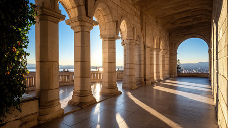 A stunning archway showcases elegant columns against a sunset backdrop, illuminating the serene landscape. The warm light creates a peaceful atmosphere, inviting exploration.の素材