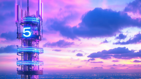 A stunning view of a communication tower with vibrant neon lights against a colorful sunset sky. The scene captures the blend of technology and nature.の素材