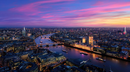 Captivating aerial shot of London's skyline during sunset, showcasing vibrant colors in the sky, the River Thames winding through the city, and iconic architecture.の素材