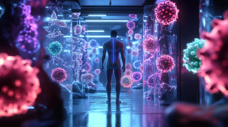 A scientist stands in a futuristic laboratory, observing vibrant viral structures in glass containers. This image represents the intersection of health and scientific exploration.の素材