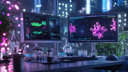 A vivid laboratory scene showcasing advanced technology with multiple monitors displaying virus structures, highlighting the intersection of science and innovation in research.の素材