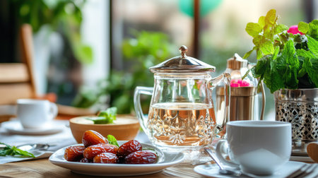 A serene dining setup featuring a glass teapot with tea, a plate of dates, and fresh mint. The scene conveys warmth and hospitality, perfect for morning refreshment.の素材