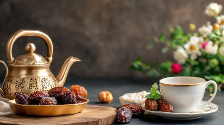 A beautifully arranged composition featuring a traditional Arabic tea set with dates and vibrant flowers, creating an inviting atmosphere for any occasion.の素材