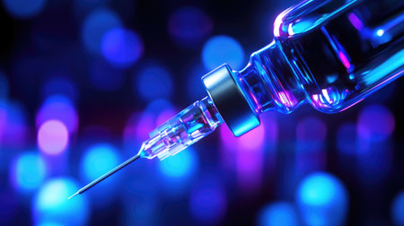 Detailed close-up of a syringe with a needle, set against a colorful bokeh background. This image symbolizes medical care, vaccination, and advancements in healthcare technology.の素材