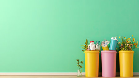 Brightly colored waste bins filled with trash and cleaning supplies are set against a refreshing green background, promoting eco-friendly waste management and organization.の素材