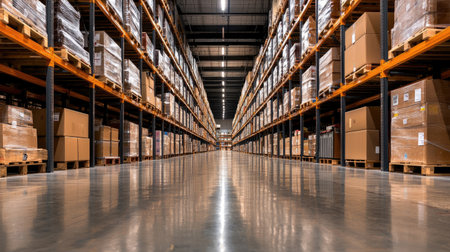 A spacious industrial warehouse featuring tall shelves filled with neatly stacked cardboard boxes and pallets. The well-lit aisle offers a glimpse into organized storage, showcasing efficiency in logistics and inventory management.の素材