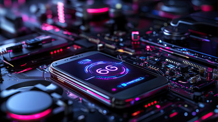 A smartphone with a glowing 6G display rests on a vibrant circuit board, showcasing advanced technology and modern connectivity in an innovative environment.の素材