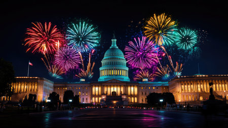 A vibrant fireworks display lights up the night sky over the Capitol building, creating a festive atmosphere. Perfect for showcasing celebrations and national pride.の素材