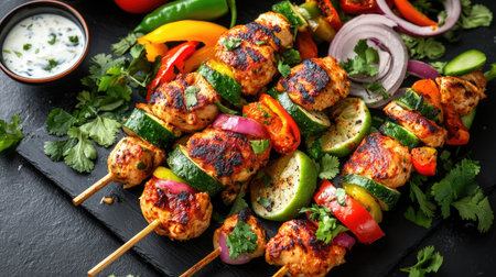 Mouthwatering grilled chicken skewers adorned with vibrant vegetables and fresh herbs, perfect for a summer gathering or a gourmet meal. Enjoy the flavors!の素材