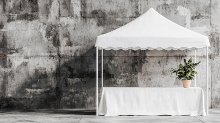 This image features a white canopy tent set up with a clean table and a potted plant, all against a textured concrete wall, perfect for minimalistic displays.の素材