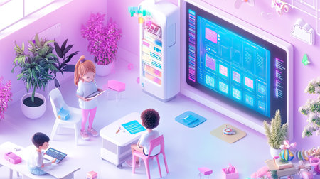 Bright and colorful classroom scene featuring children engaged in various learning activities with modern technology, fostering an inspiring and innovative environment.の素材