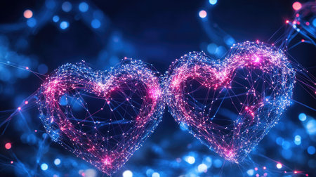 Explore the enchanting scene of two heart shapes formed by neon lights and digital connections. This vibrant image captures love and technology beautifully.の素材