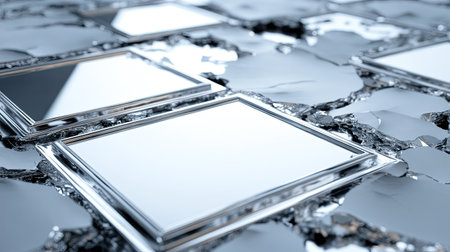 This image features reflective silver frames resting on a textured metallic surface, ideal for showcasing designs or artistic presentations with a modern aesthetic.の素材